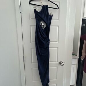 Fashion Nova Blue Ruched Embellished Halter Gown